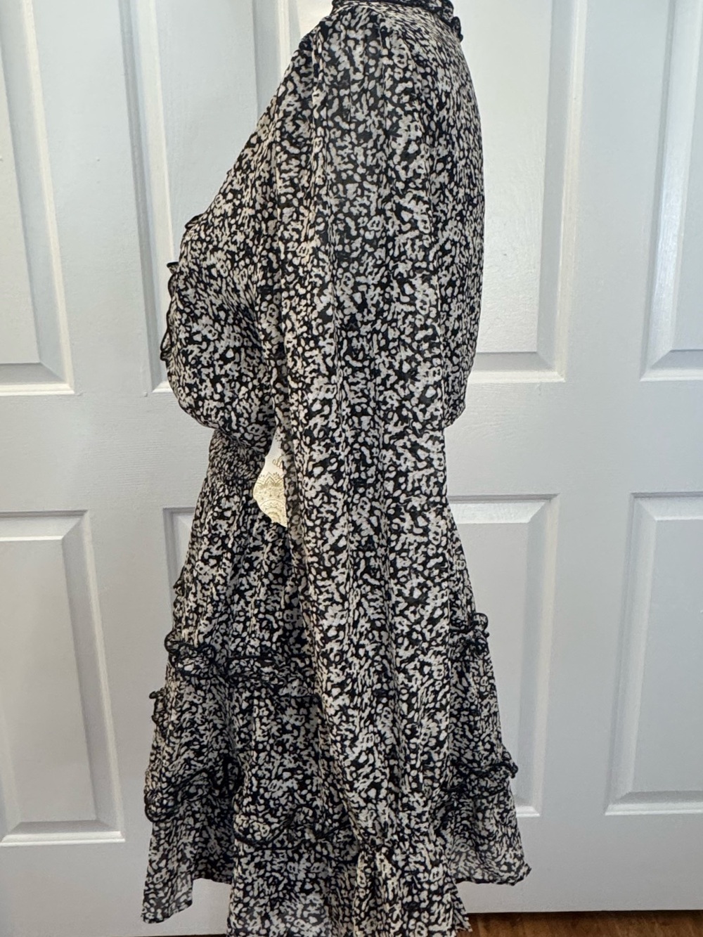 Altar'd State Black and Cream Floral Smock Waist Ruffle Tiered Long Sleeve Dress - Picture 7 of 9